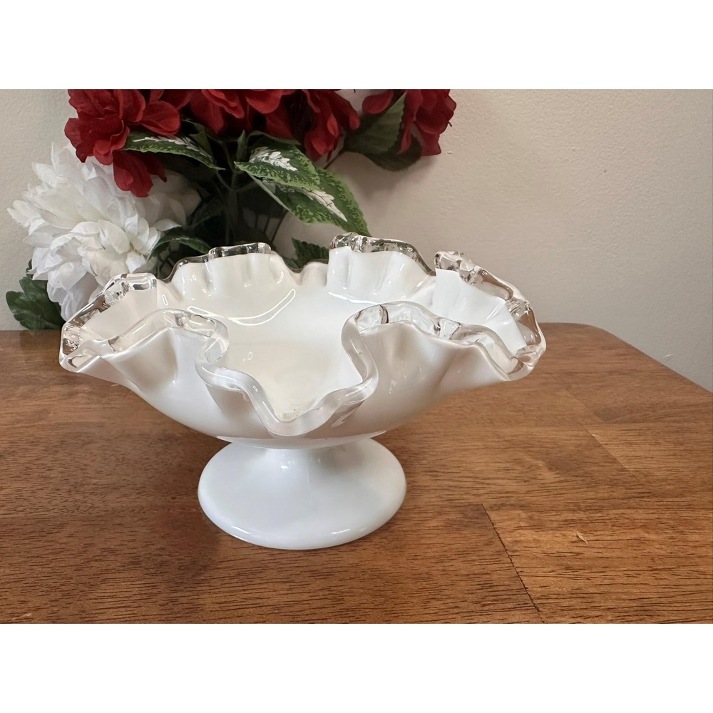 Fenton Silver Crest‎ White Milk Glass Ruffled Pedestal Bowl Vintage MCM Wedding